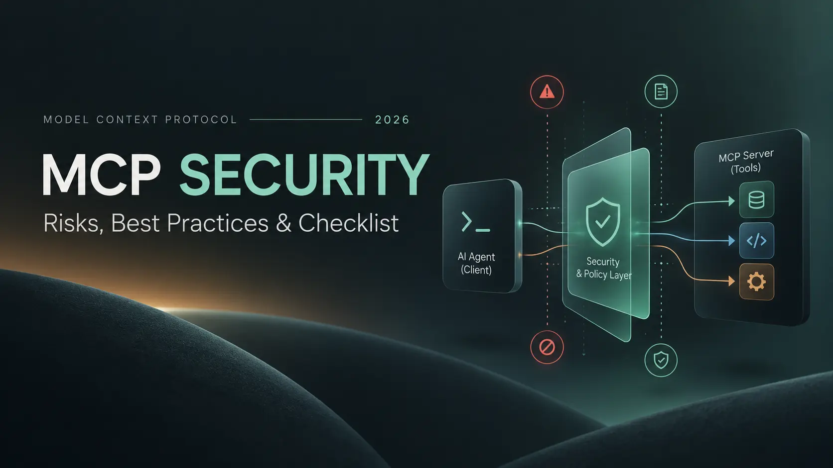 MCP security architecture showing an AI agent, security policy layer and MCP server with protected tools and data access.